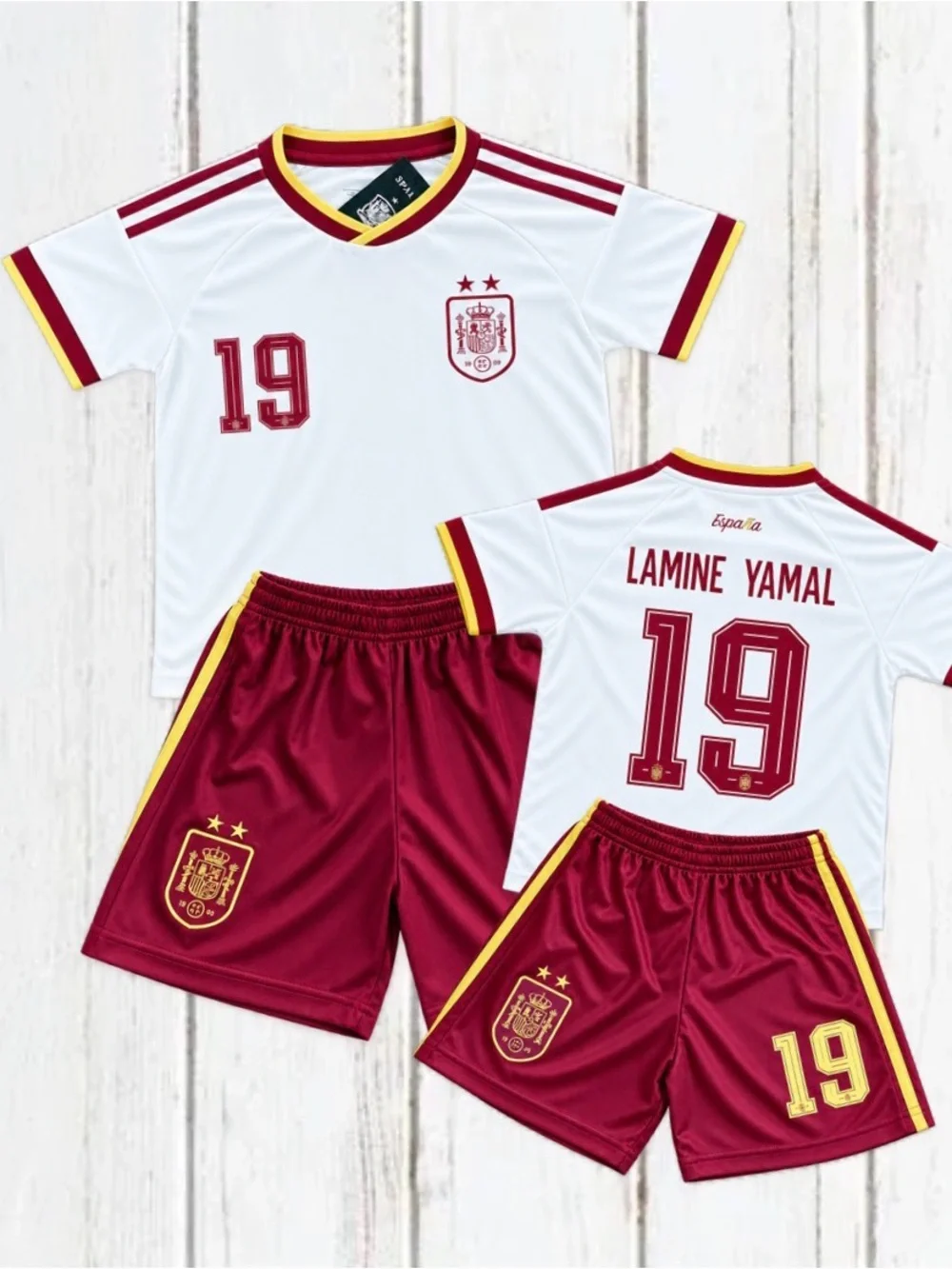 Spain Lamine Yamal Kids Soccer Jersey Set - White & Maroon away Uniform